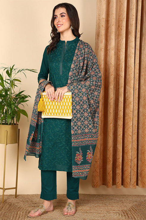 Plus Size Teal Green Pure Cotton Floral Embroidered Straight Suit Set